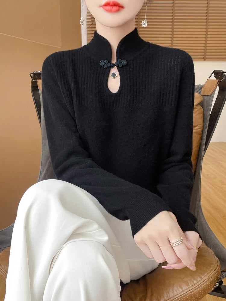 Damenpullover aus Merinowolle mit Mandarin-Kragen