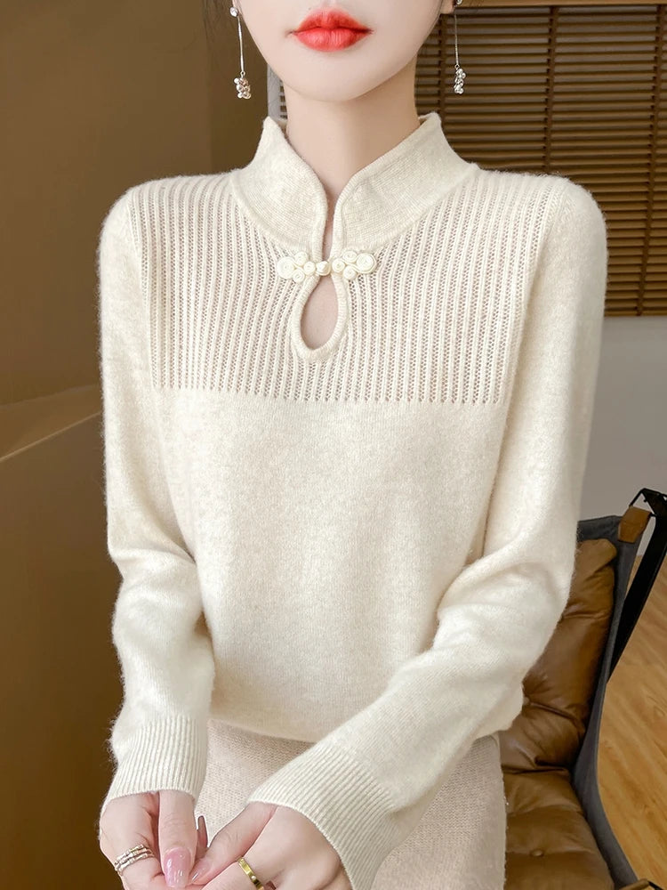Damenpullover aus Merinowolle mit Mandarin-Kragen