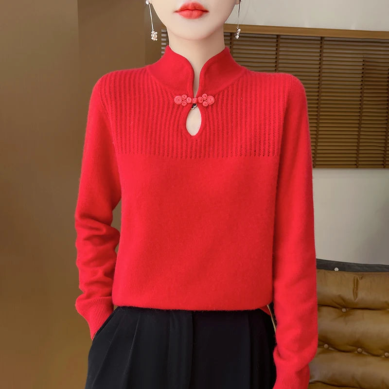 Damenpullover aus Merinowolle mit Mandarin-Kragen