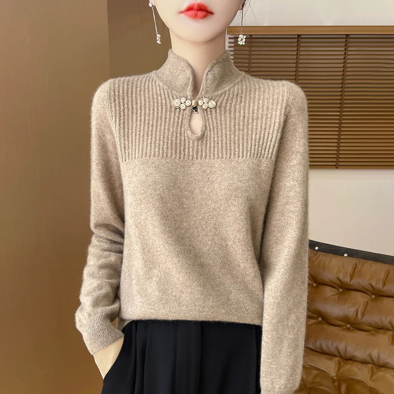 Damenpullover aus Merinowolle mit Mandarin-Kragen