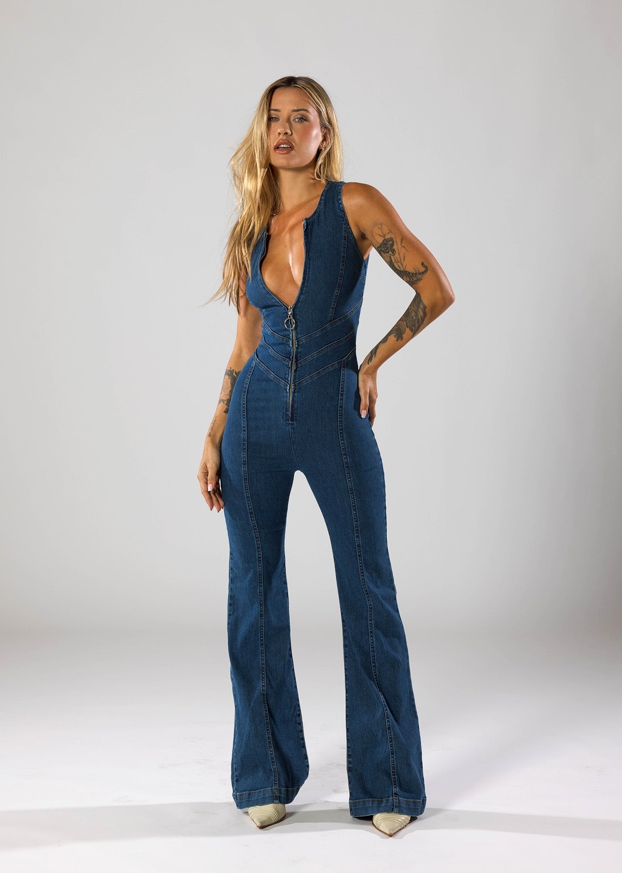 Denim jumpsuit with flared legs