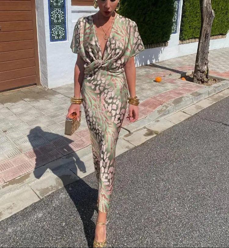 Variant image for Beatrix | Elegantes Midi Kleid Damen mit Verdrehtem V-Ausschnitt-1