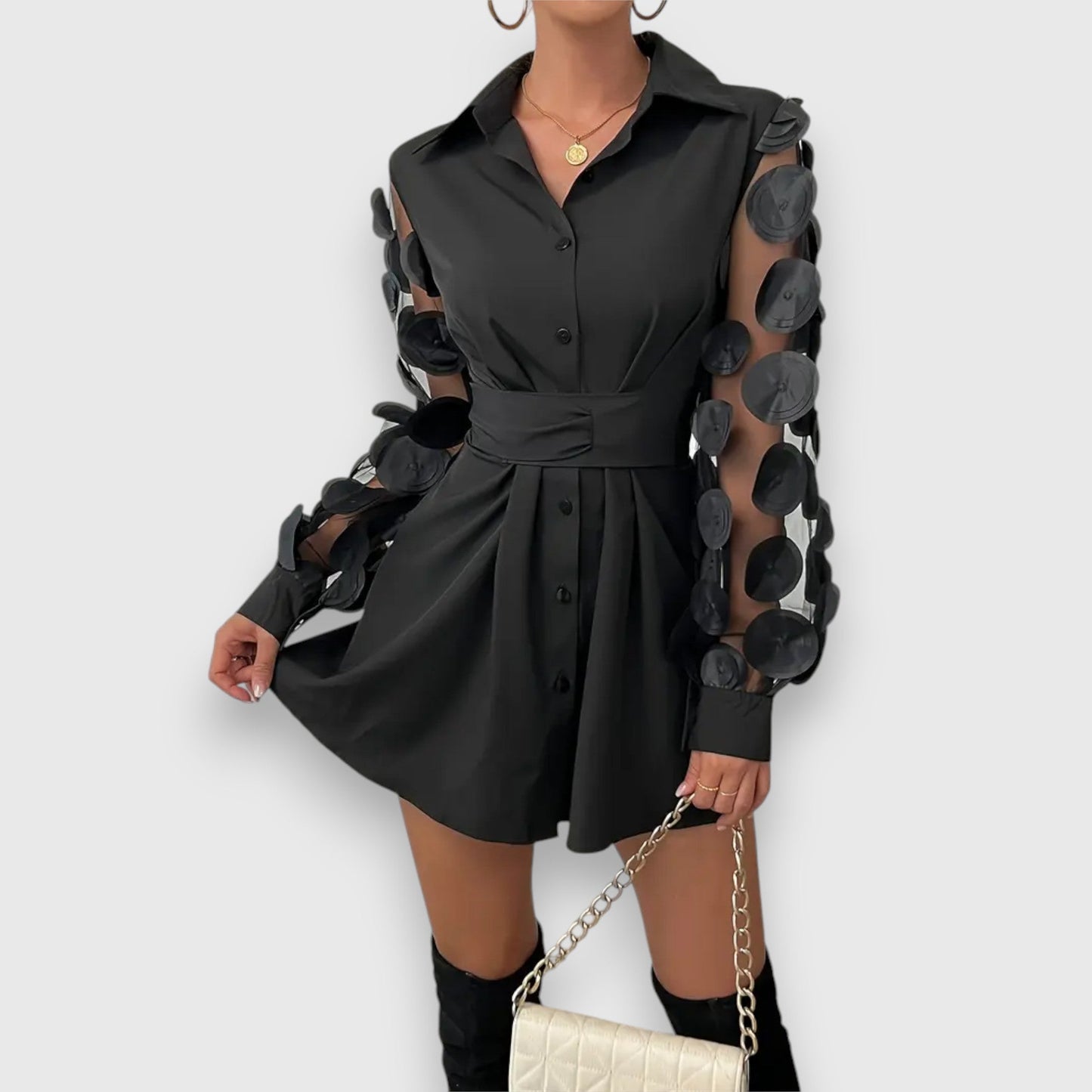 Elegant women's dress with bow waistband and transparent sleeves