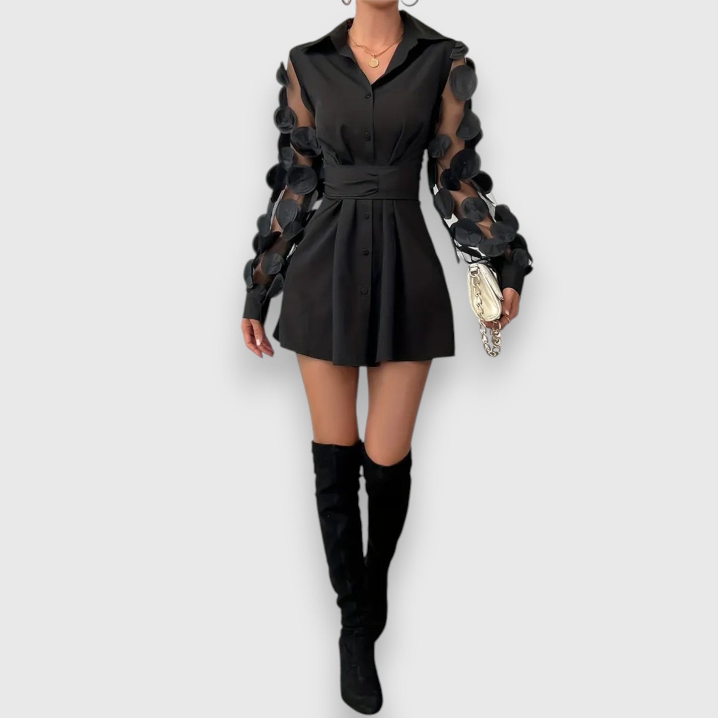 Elegant women's dress with bow waistband and transparent sleeves