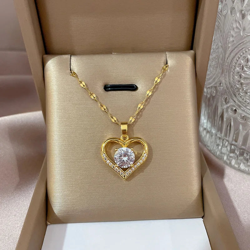 Elegante Halskette Damen mit Herzanhänger aus Edelstahl und künstlichen Edelsteinen