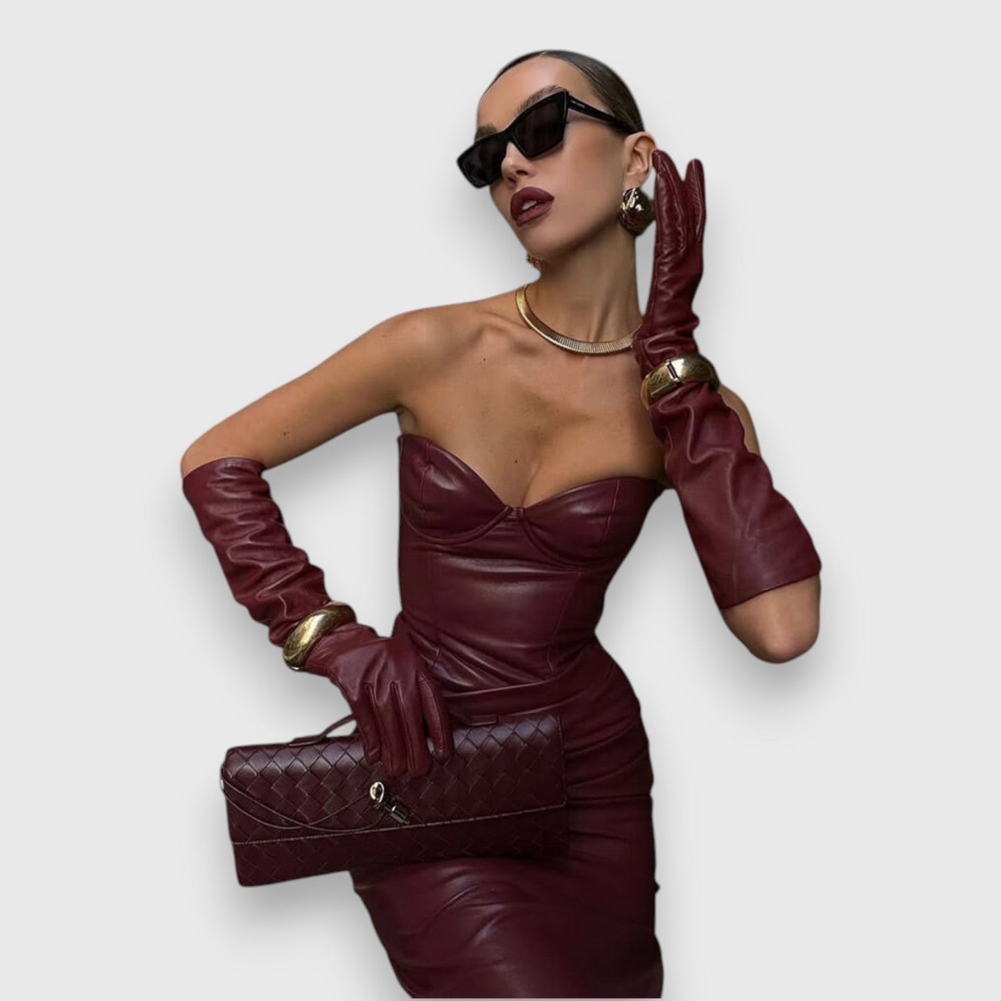 Elegant midi dress made of soft faux leather