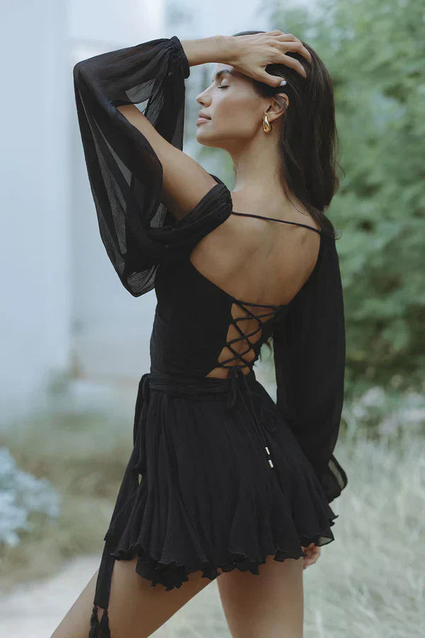 Elegant mini dress with V-neck and puff sleeves