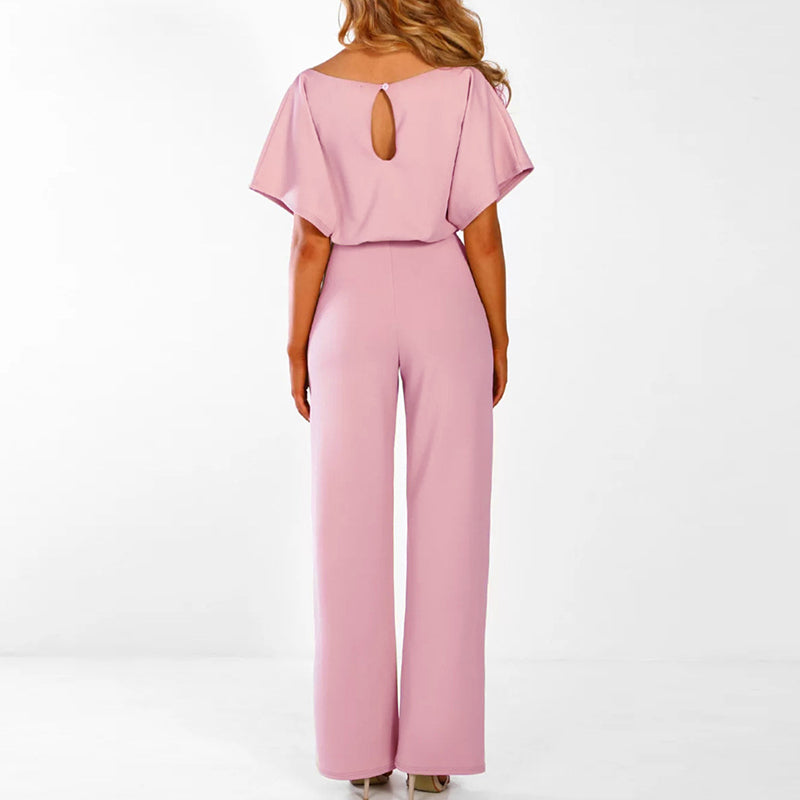 Elegante tuta da donna con accentuazione della vita e scollo rotondo