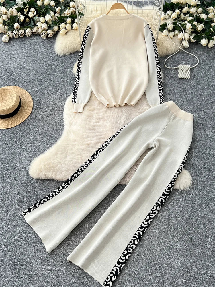 Elegantes Damen Strickset mit Pullover und Weitbein-Hosen