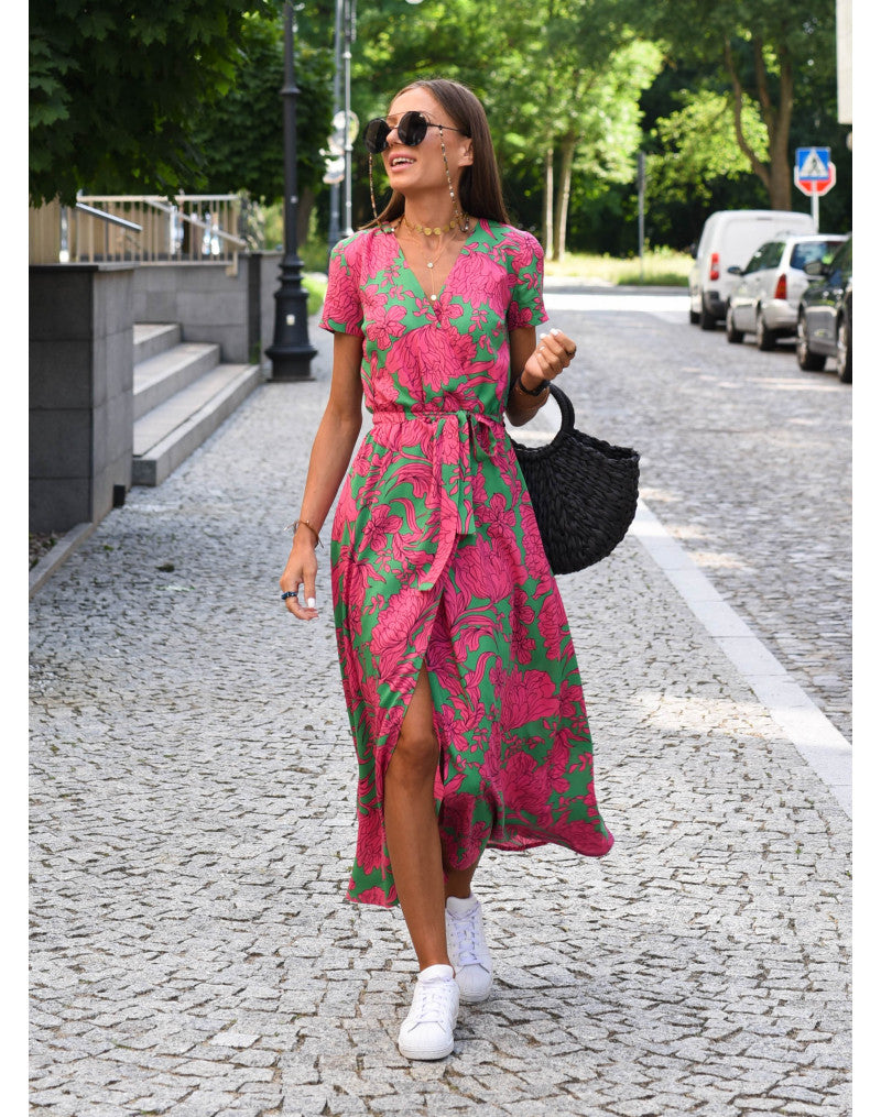Elegant midi dress for women with floral pattern and waist belt