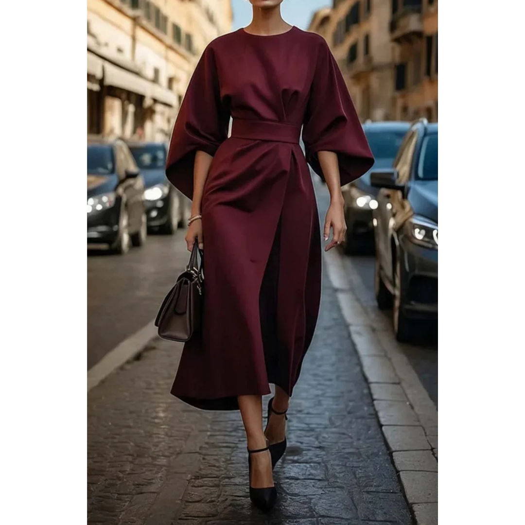 Elegant midi dress for women with lantern sleeves and waist belt