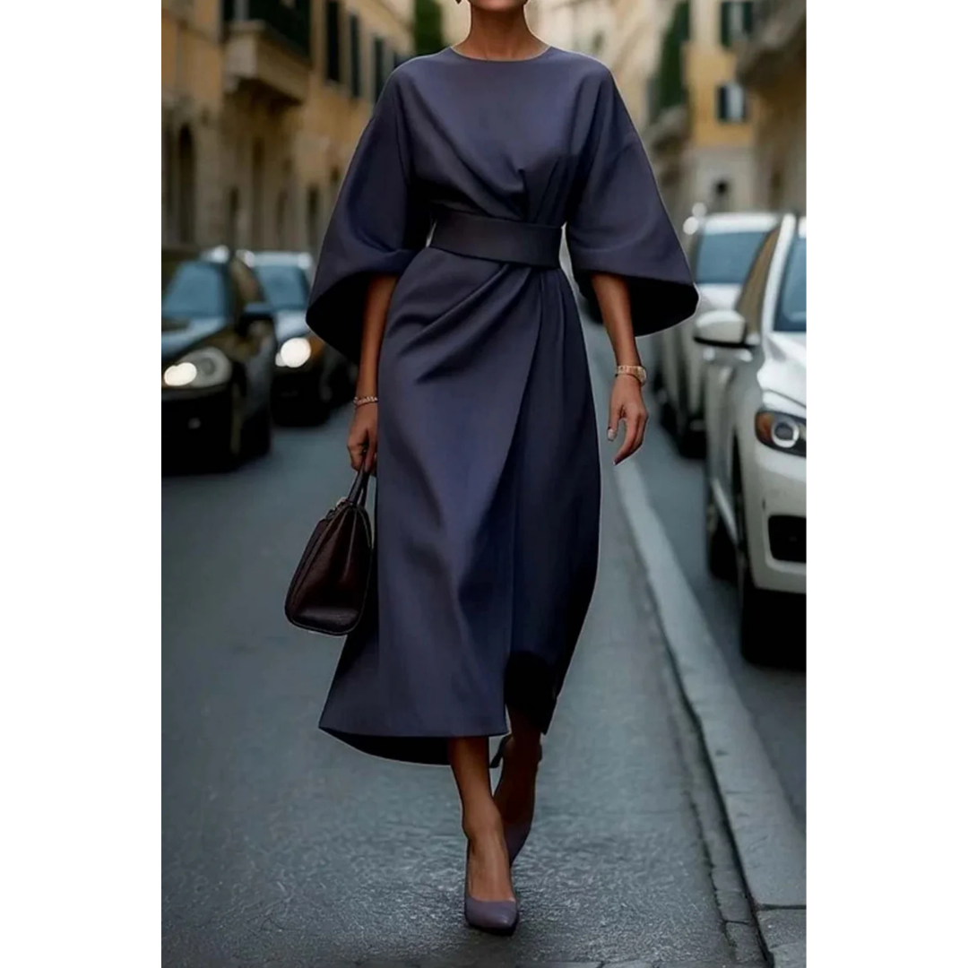Elegant midi dress for women with lantern sleeves and waist belt