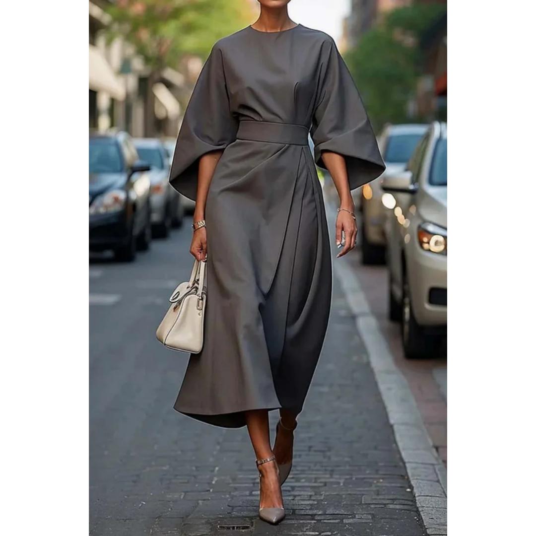 Elegant midi dress for women with lantern sleeves and waist belt