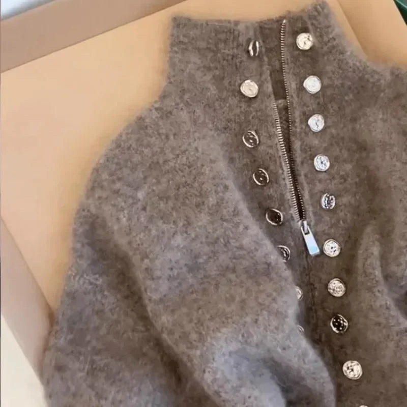 Flauschiger Strickmantel für Frauen mit Reißverschluss