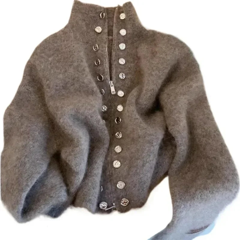 Flauschiger Strickmantel für Frauen mit Reißverschluss