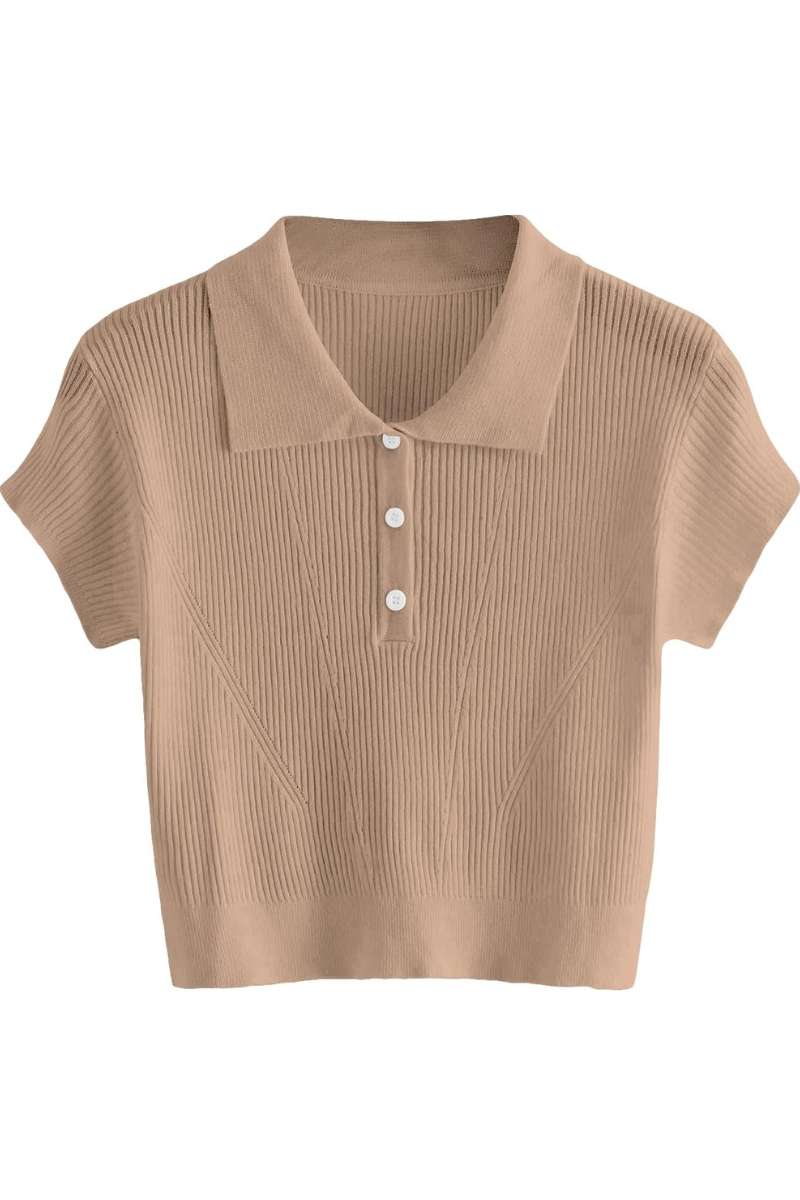 Knitted polo shirt women with polo collar and button placket