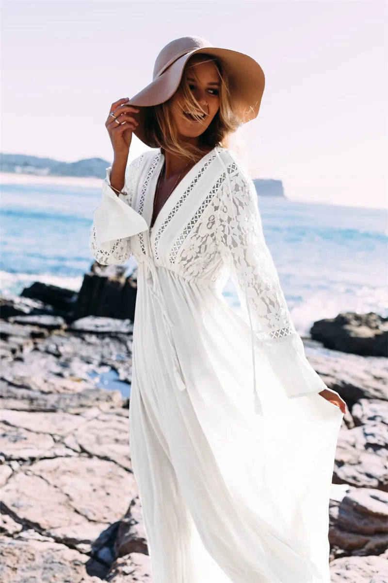 Beatrix | Damen Boho Langkleid mit tiefem V-Ausschnitt