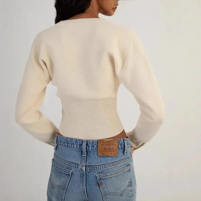 Hochtaillierte Strickjacke Damen mit Rundhalsausschnitt