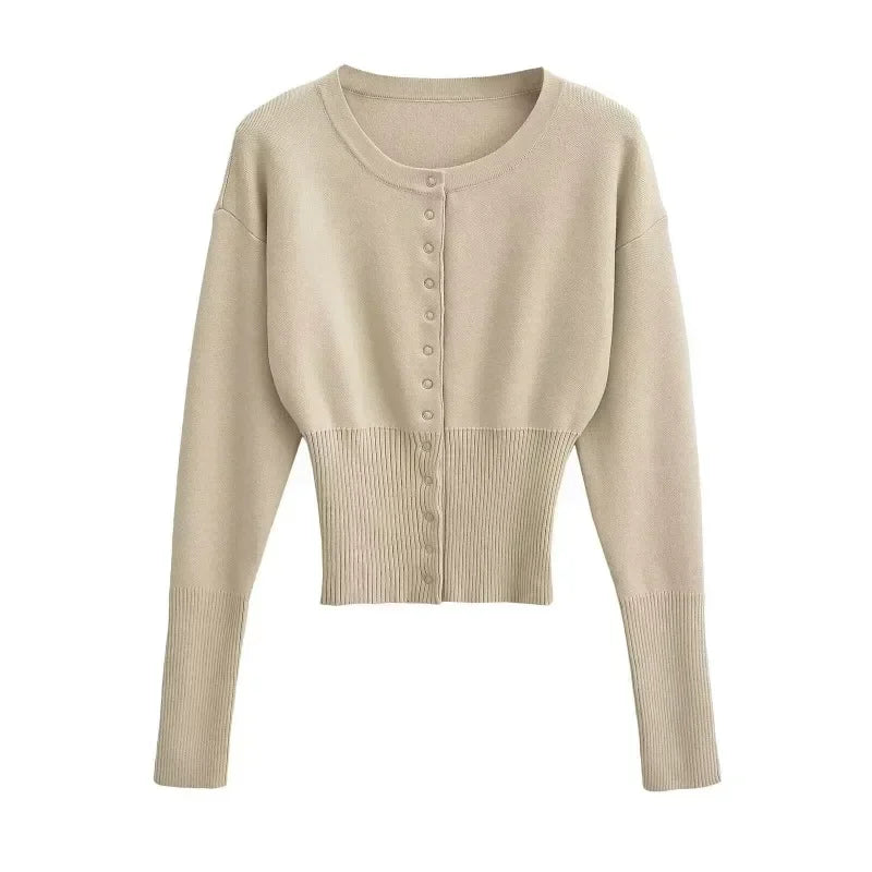 Hochtaillierte Strickjacke Damen mit Rundhalsausschnitt