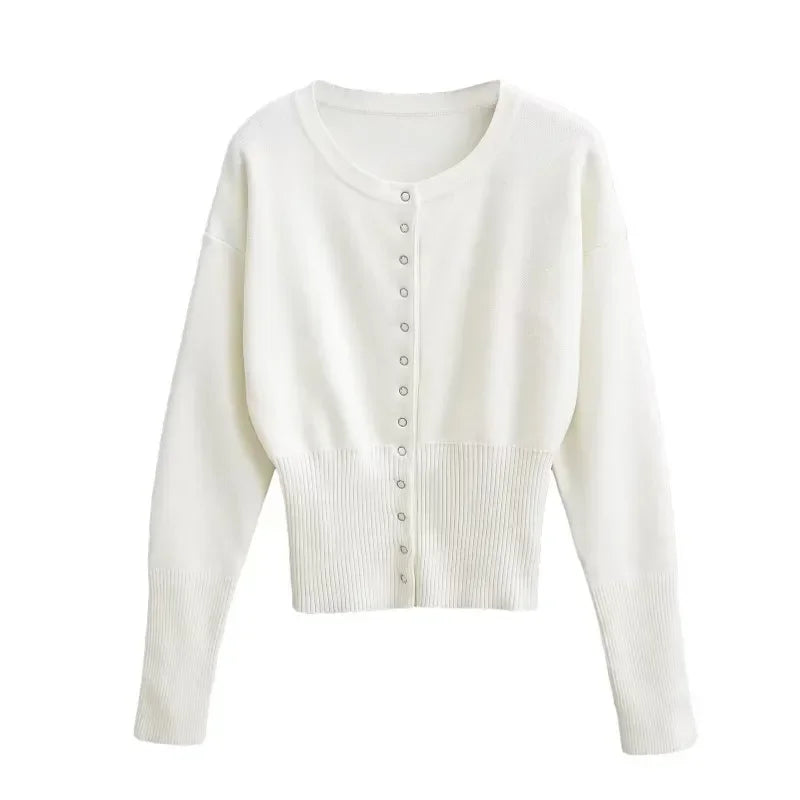 Hochtaillierte Strickjacke Damen mit Rundhalsausschnitt