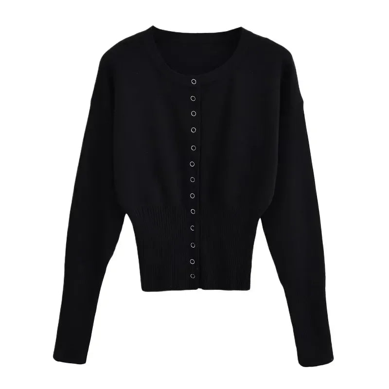 Hochtaillierte Strickjacke Damen mit Rundhalsausschnitt