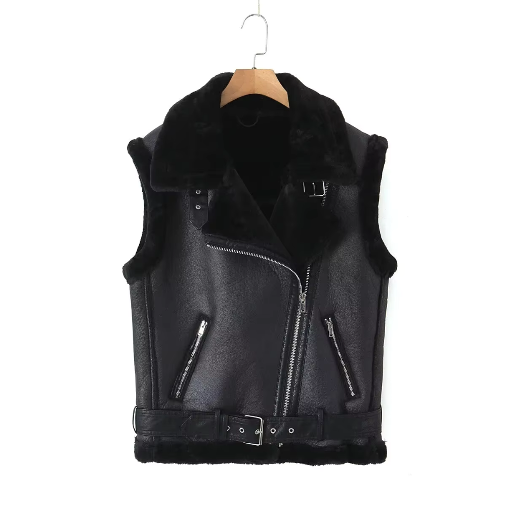 Women's vest made of faux leather with faux shearling lining