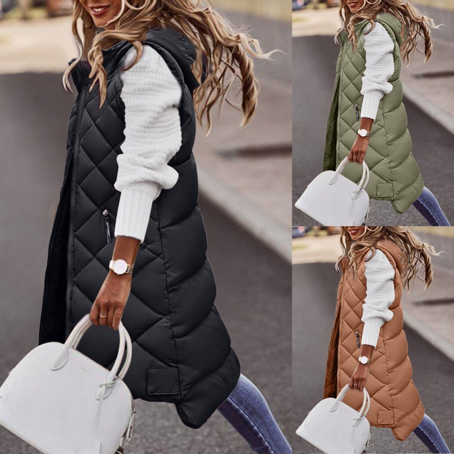 Lange Damen Puffer Bodywarmer mit Kapuze