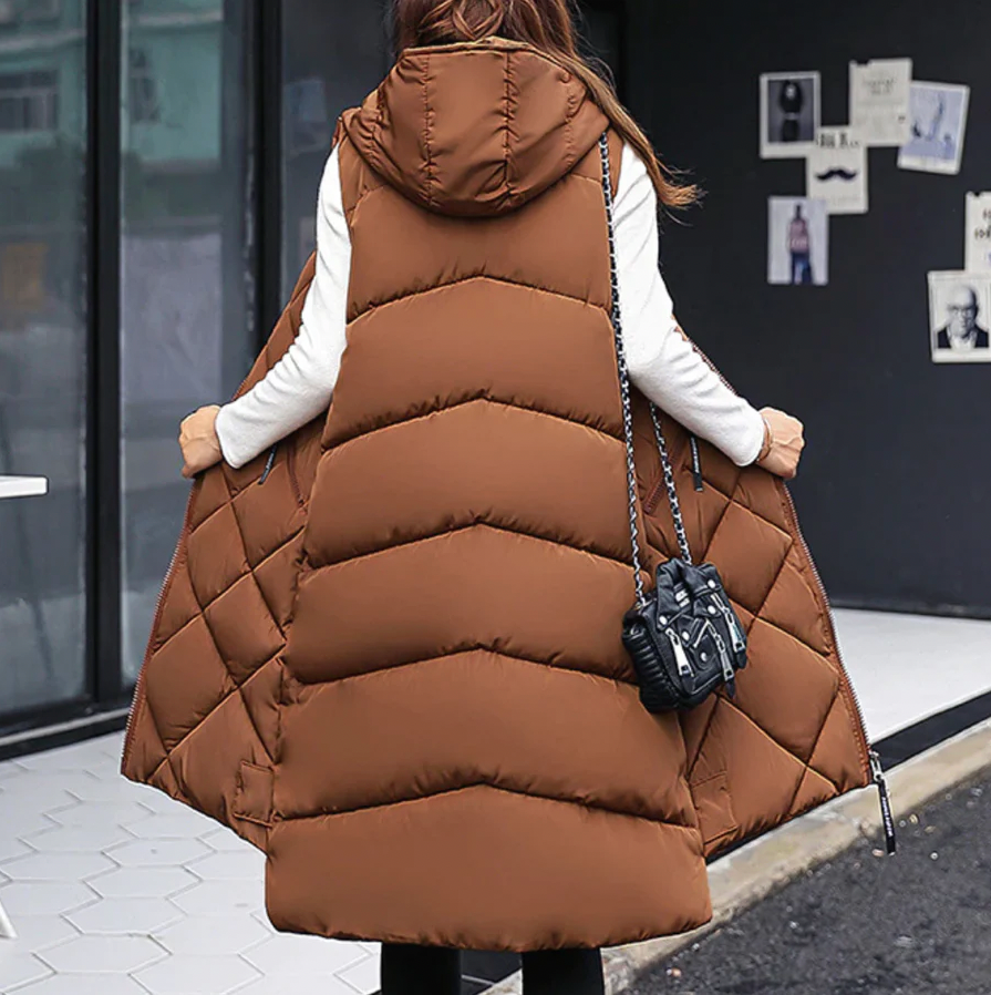 Lange Damen Puffer Bodywarmer mit Kapuze