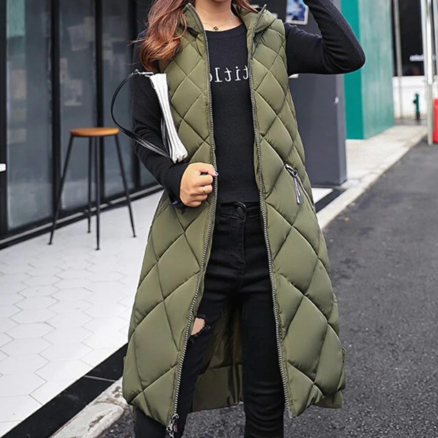 Lange Damen Puffer Bodywarmer mit Kapuze