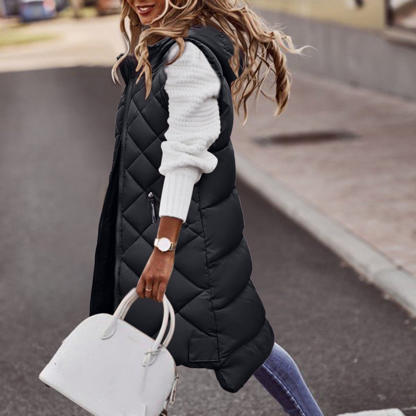 Lange Damen Puffer Bodywarmer mit Kapuze