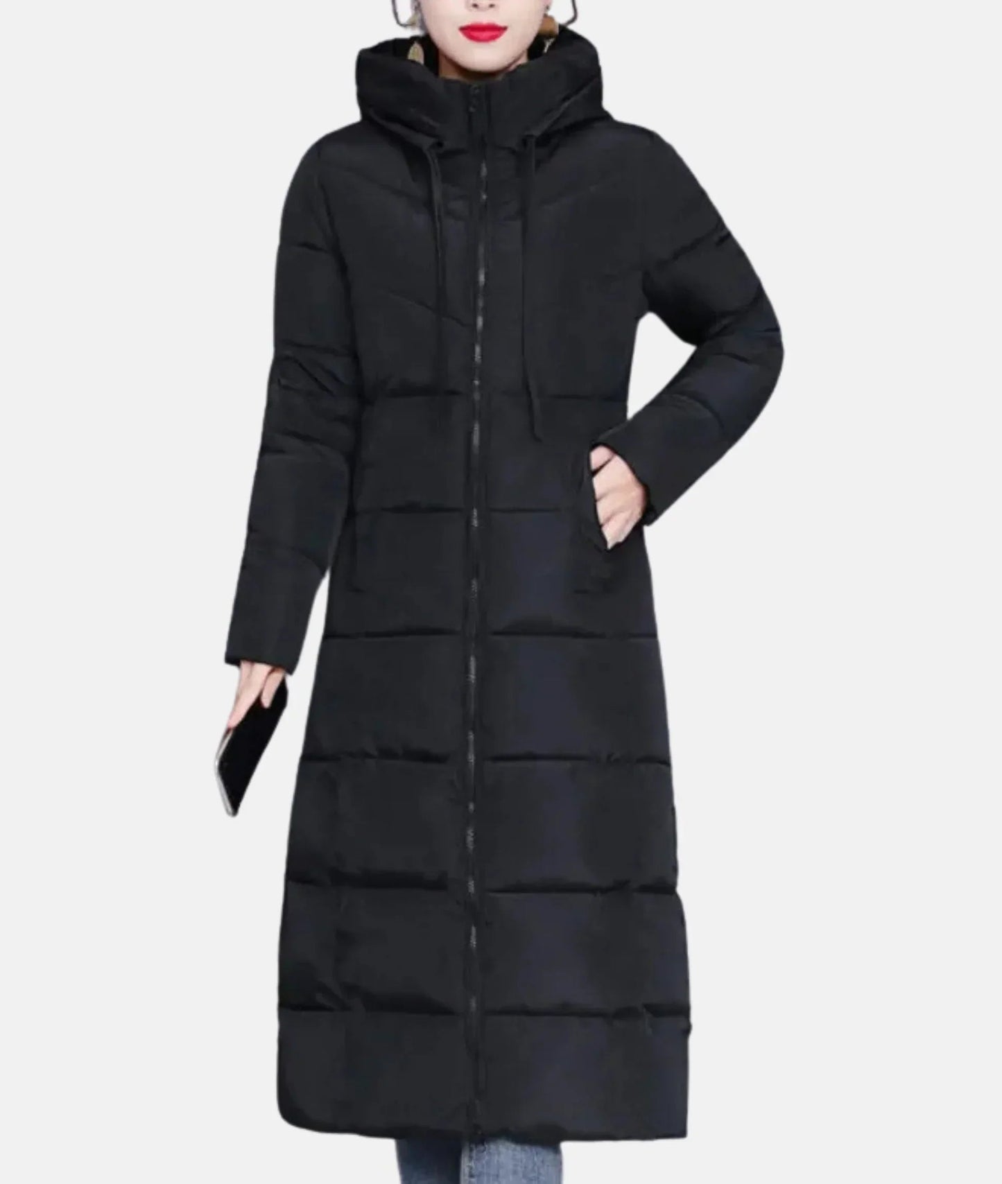 Lange Damenwinterjacke mit Kapuze