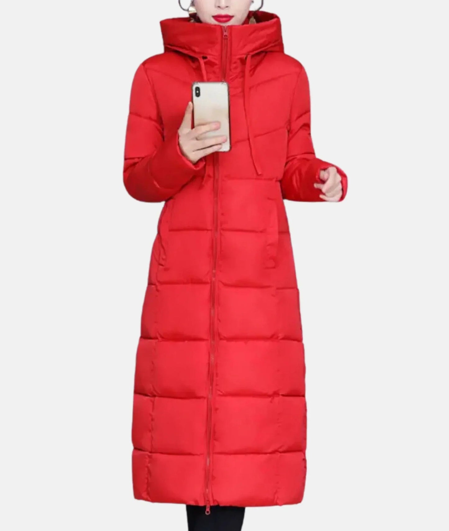 Lange Damenwinterjacke mit Kapuze
