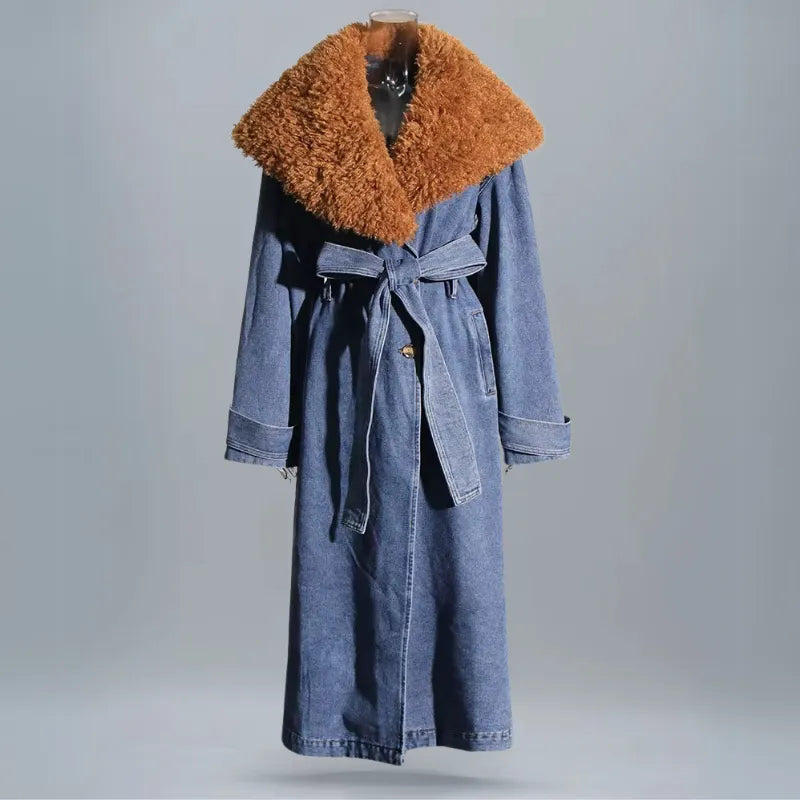 Cappotto lungo in denim con colletto in pelliccia sintetica per donna