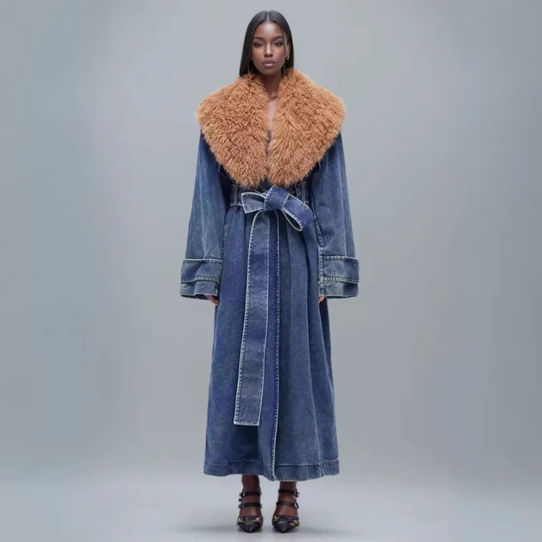 Cappotto lungo in denim con colletto in pelliccia sintetica per donna