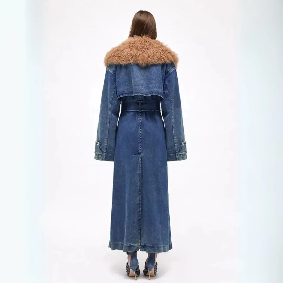 Cappotto lungo in denim con colletto in pelliccia sintetica per donna