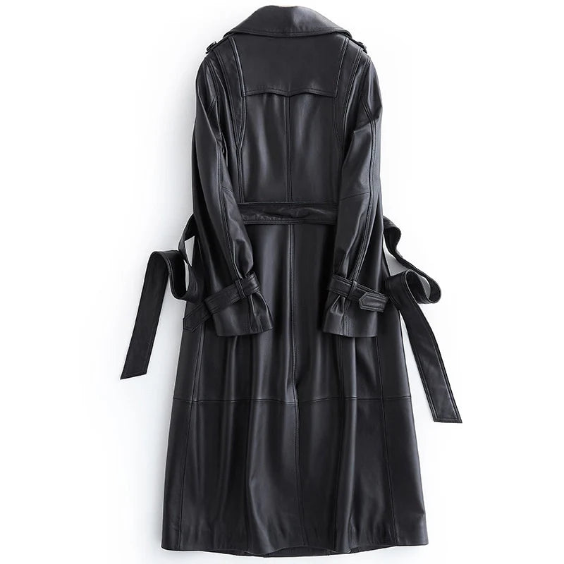 Long faux leather coat women with adjustable waist belt