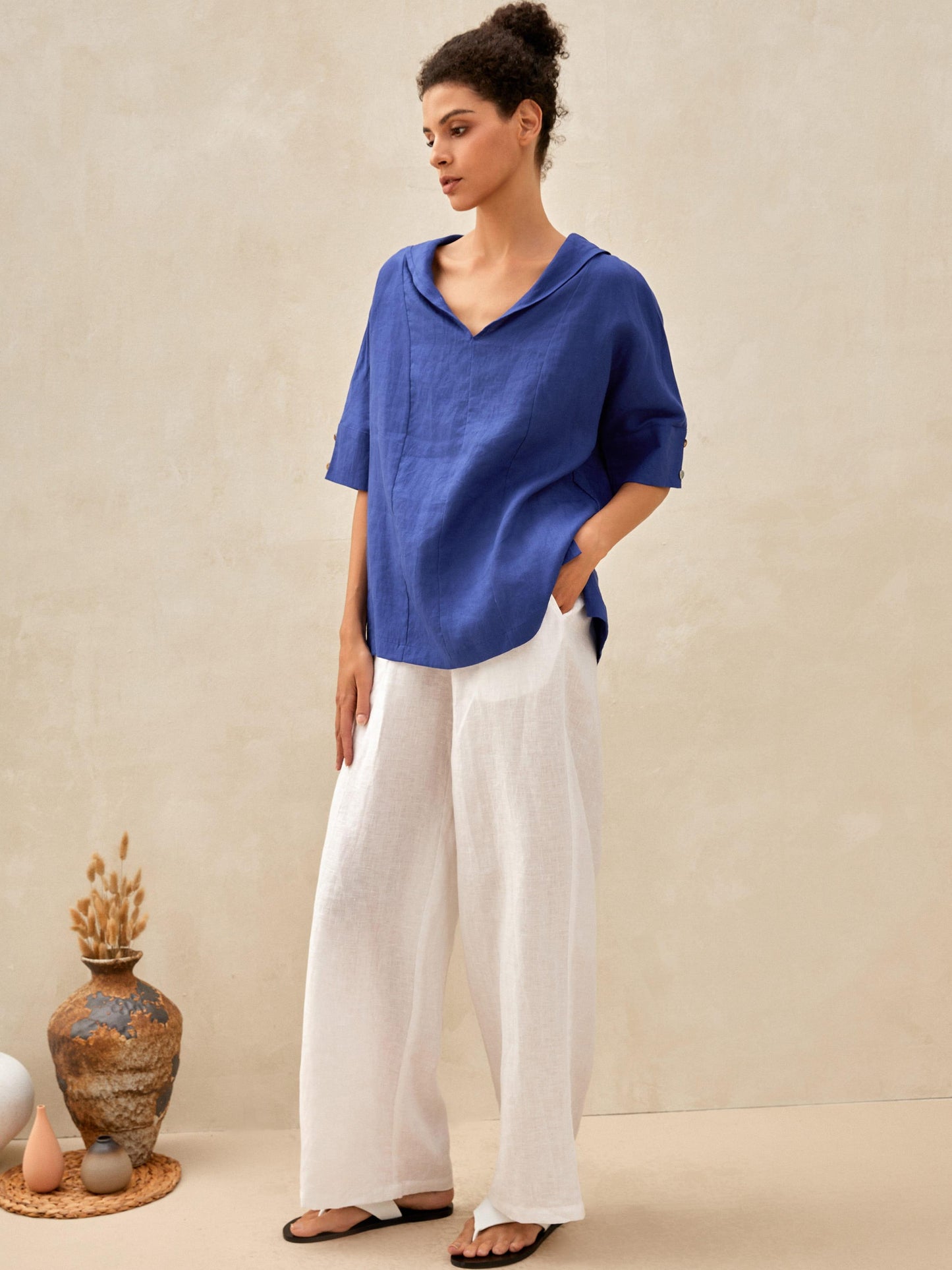 Leichtes Leinen V-Ausschnitt T-Shirt Damen