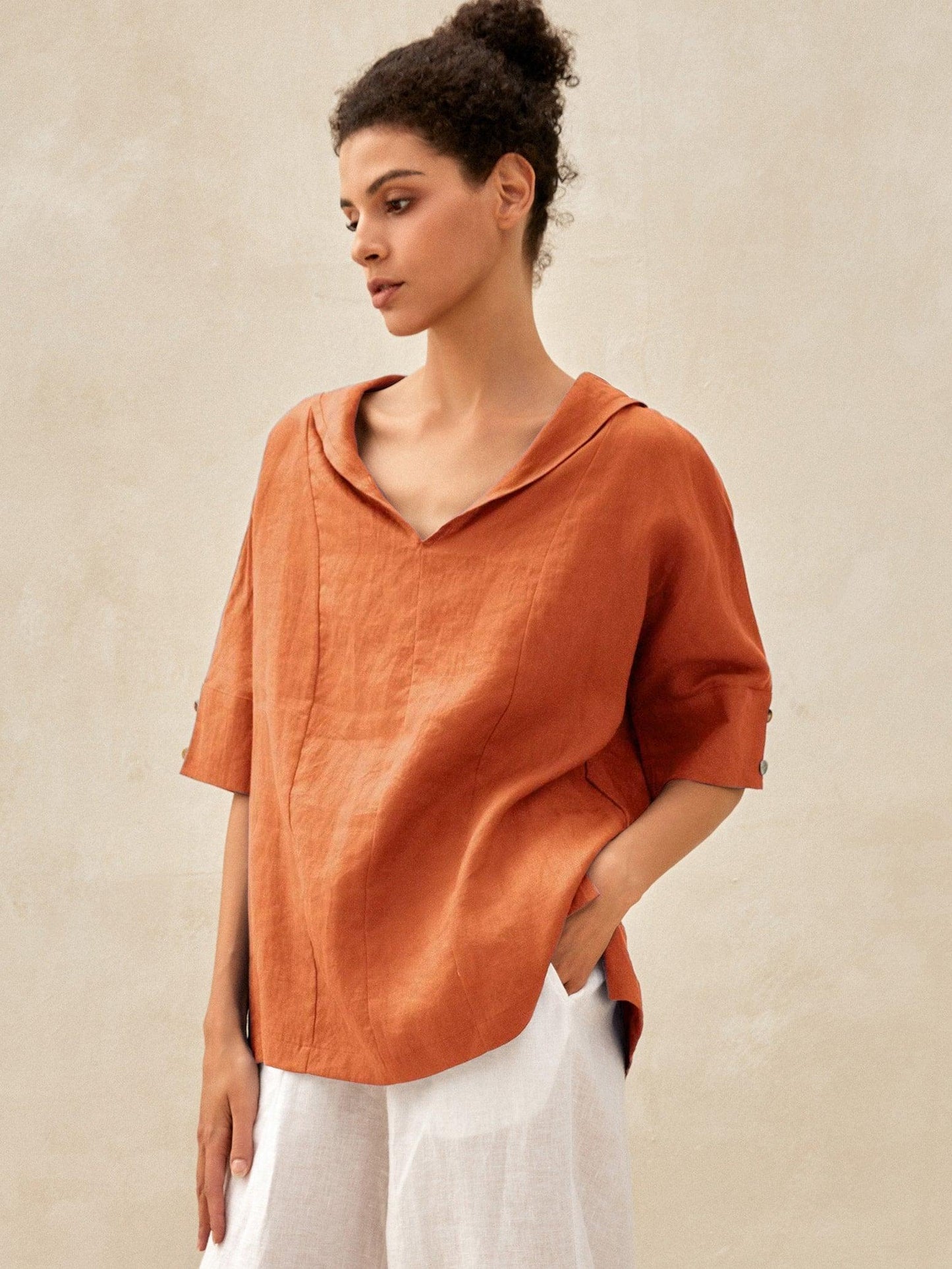 Leichtes Leinen V-Ausschnitt T-Shirt Damen