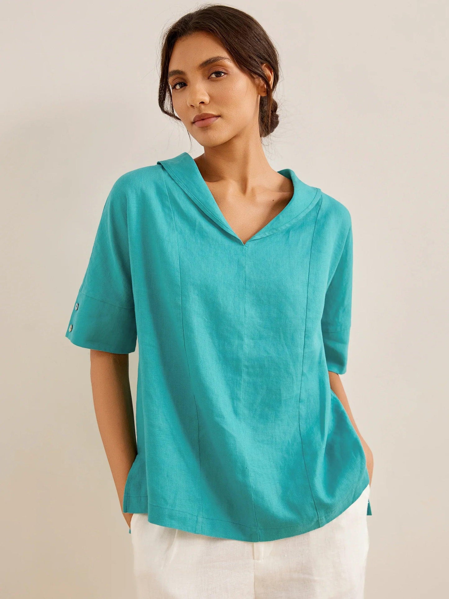 Leichtes Leinen V-Ausschnitt T-Shirt Damen