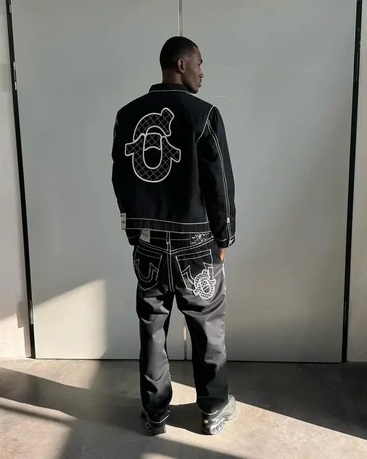 Retro Y2K Denimjacke mit Leder, gestickte Buchstaben, Motorradstil, dicke Herrenjacke