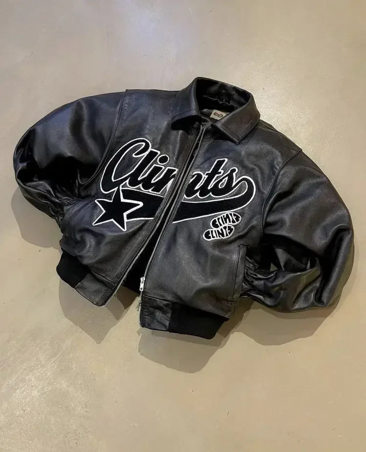 Retro Y2K Denimjacke mit Leder, gestickte Buchstaben, Motorradstil, dicke Herrenjacke