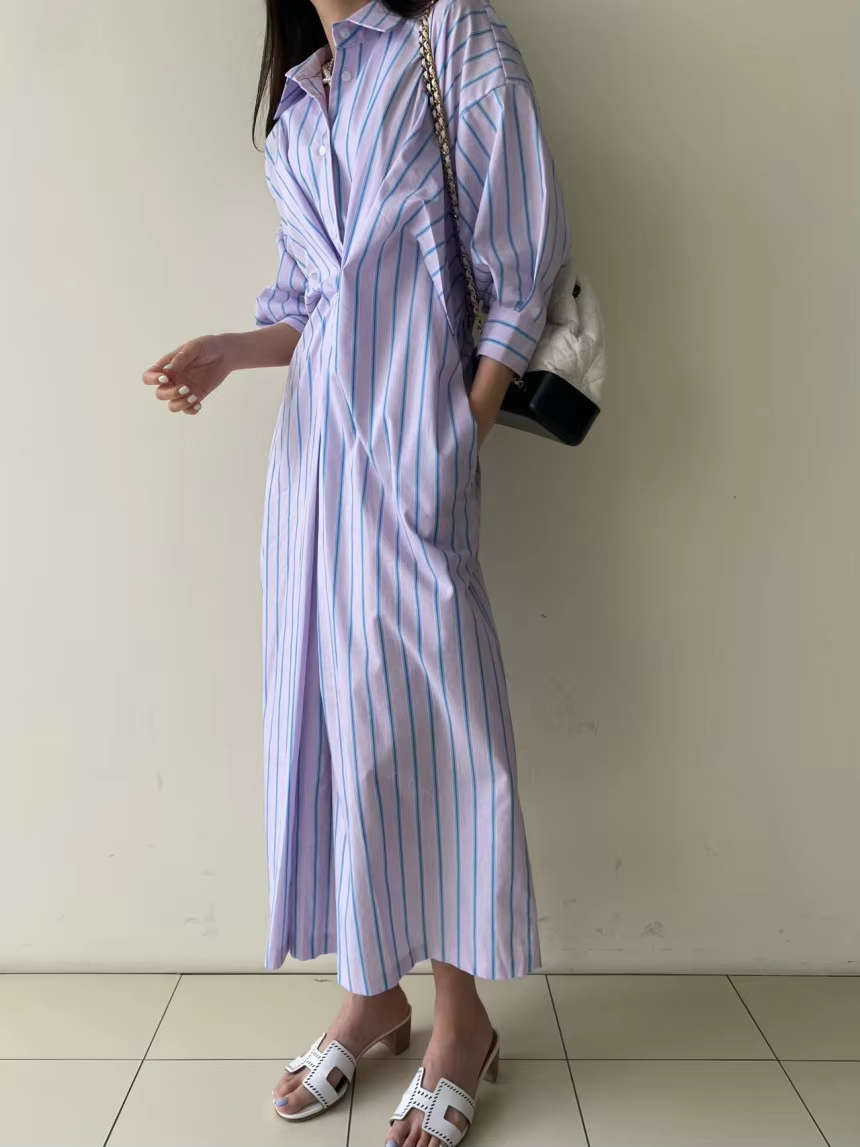 Variant image for Alessia | Elegantes Hemdblusenkleid für Damen mit Raffungen und Streifen-1