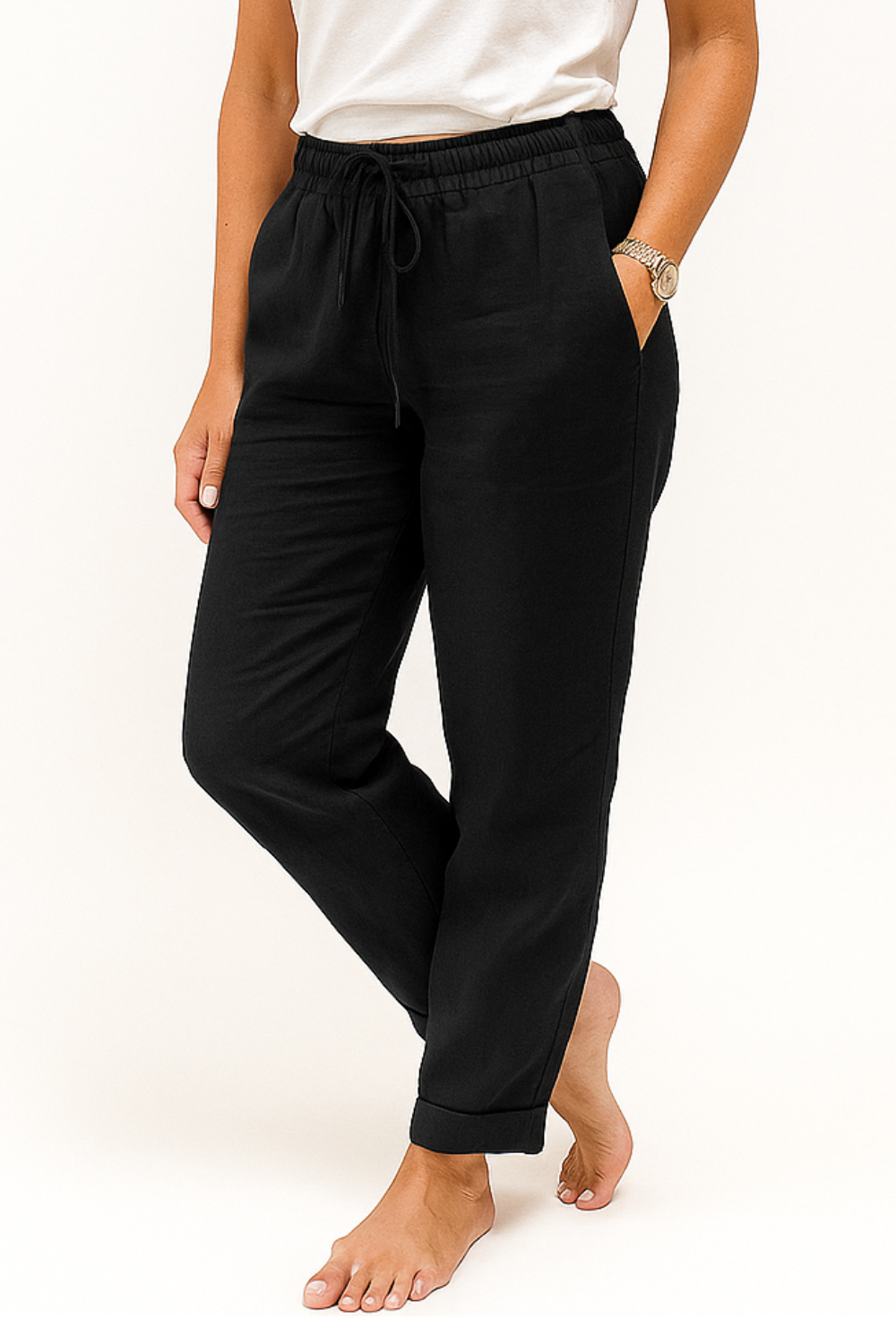 Hose with elastic waistband and drawstring