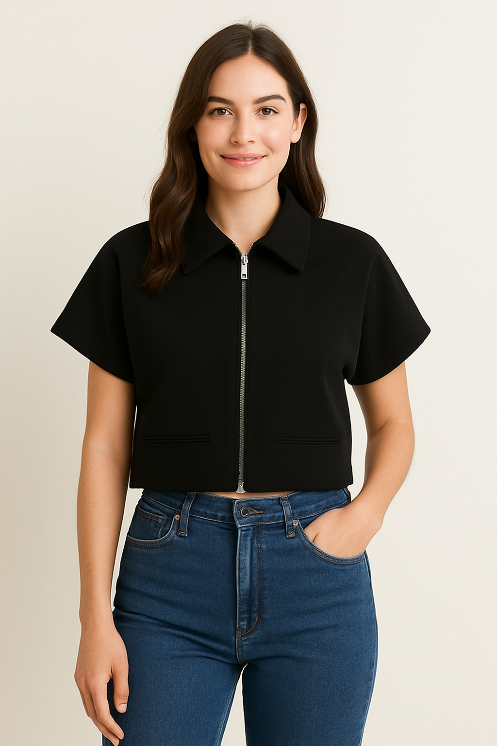 Kurzarm Zip-Jacke Schwarz mit Kragen