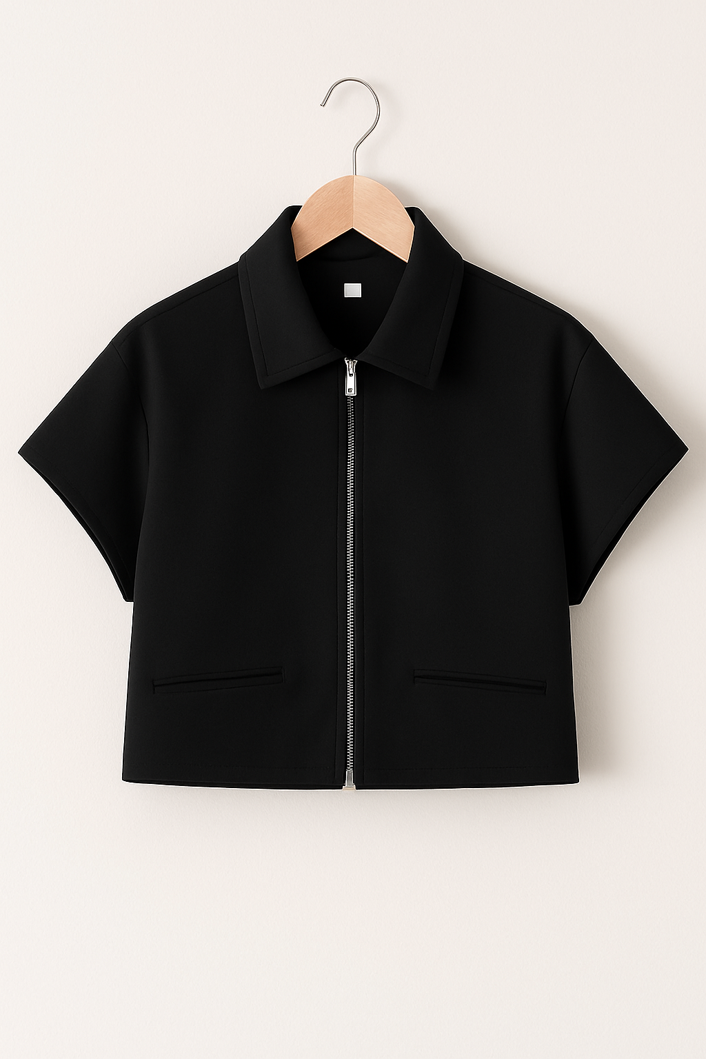 Kurzarm Zip-Jacke Schwarz mit Kragen