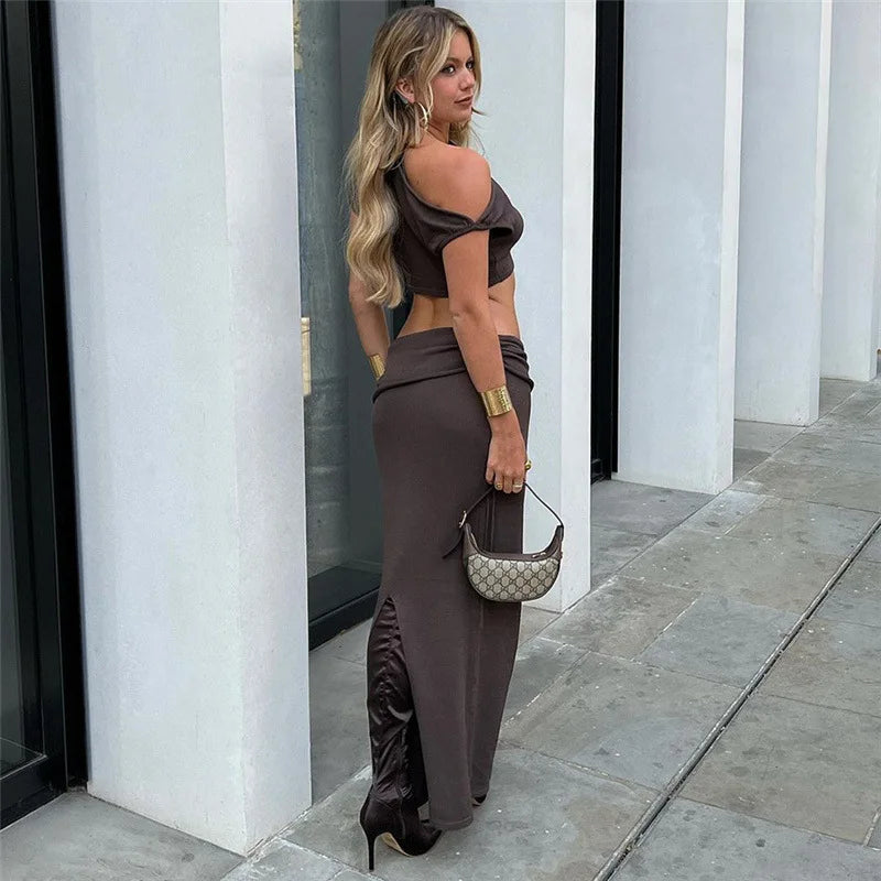Sommerkleid Damen Set mit Kurzarm Crop Top und Maxi Rock