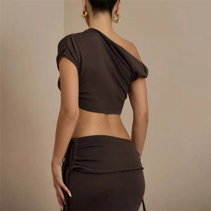 Sommerkleid Damen Set mit Kurzarm Crop Top und Maxi Rock
