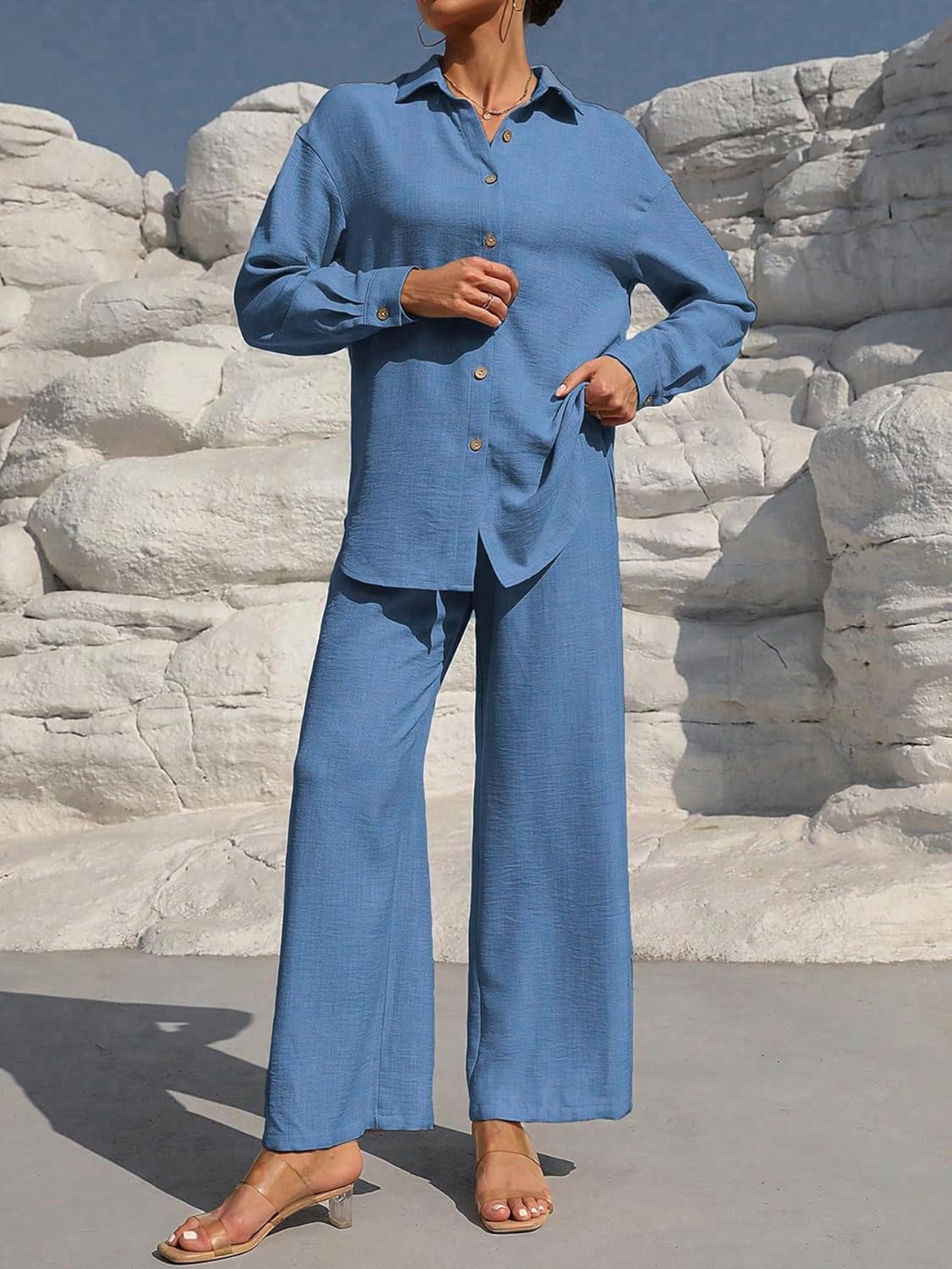 Stilvolles Freizeit-Damen-Set mit Bluse und weiter Hose