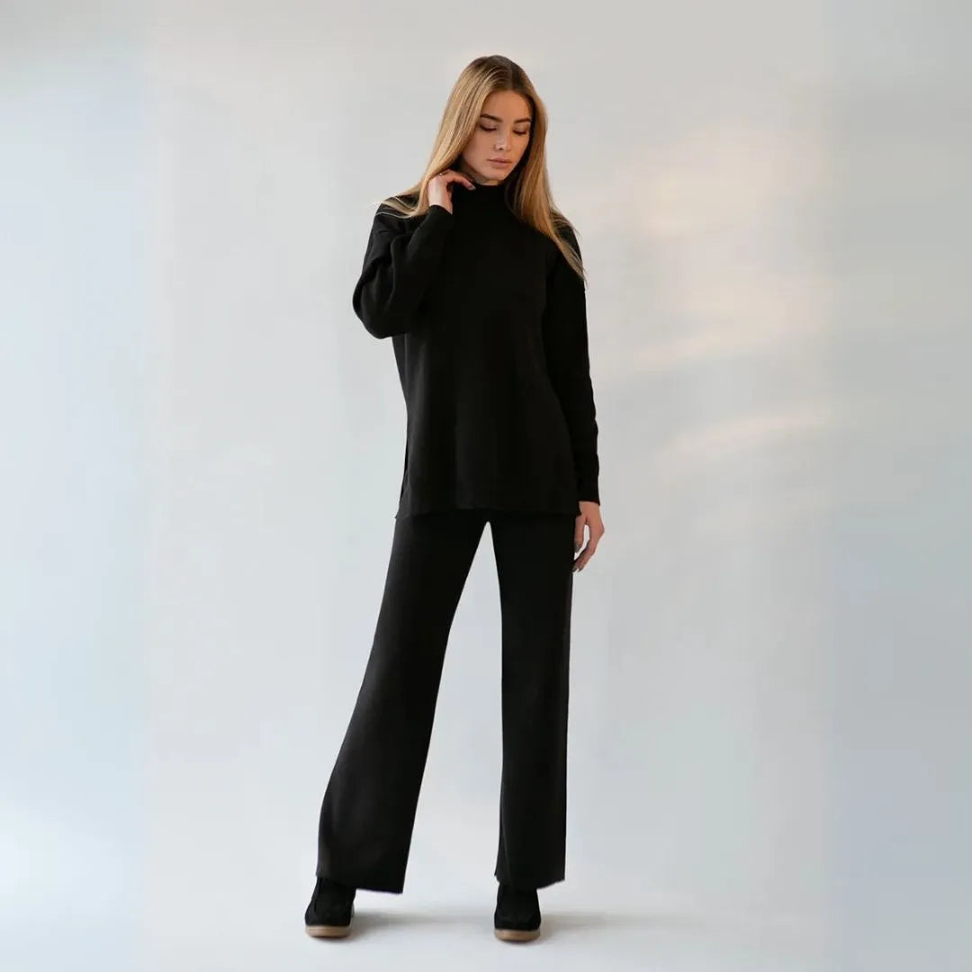 Knitted loungewear set with mock neck pullover and wide-leg pants