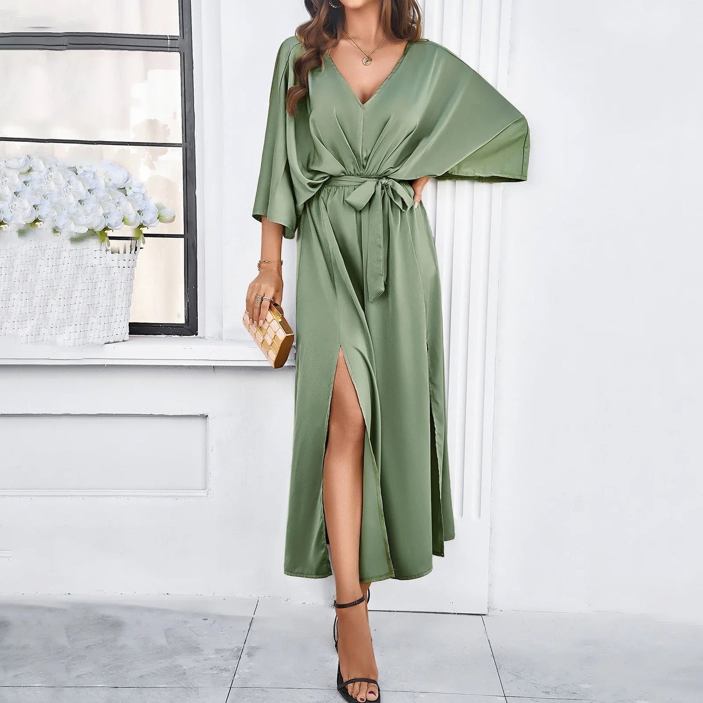 Festliches V-Ausschnitt Damenkleid für Hochzeitsgast und Abendanlässe
